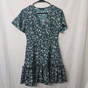 Womens Sz XS Floral Green Babydoll Mini Dress Ruffle Cottagecore Prarie Retro
